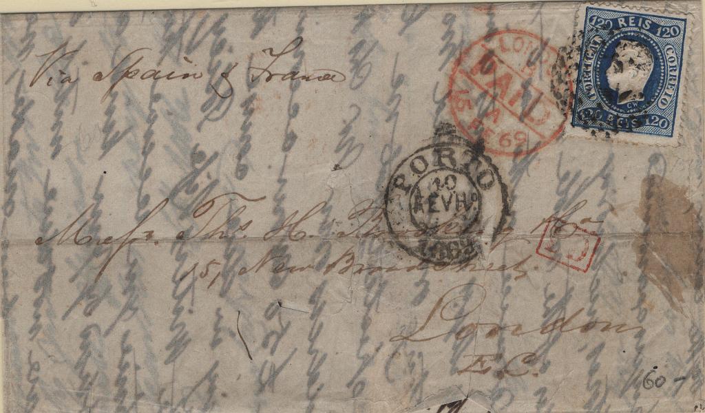 0914.jpg -     Lote:    914            Portugal        Descrição:         1867/70 &mdash; D. Luís I. Fita direita, denteados. Mf34, 120 reis azul em carta circulada do Porto (10.02.69) para Londres (15.02.69) via Espanha e França. MB e R.         Carta       Valor Base:     &euro; 100,00     Valor Venda:     &euro;      