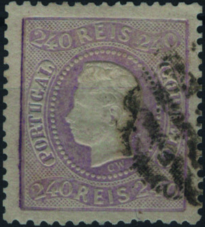 0915.jpg -     Lote:    915            Portugal        Descrição:         1867/70 &mdash; D. Luís I. Fita curva, denteados. Mf35, 240 reis lilás malva. Selo sem defeitos e boa cor. Valor de catálogo &euro; 880,00. Ex-Hernâni Viegas         O       Valor Base:     &euro; 60,00     Valor Venda:     &euro;      