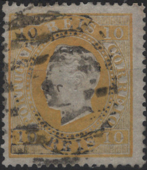 0924.jpg -     Lote:    924            Portugal        Descrição:         1870/76 &mdash; D. Luís I. Fita direita. MF37e, 10 reis amarelo laranja, papel liso, denteado 14. Valor de catálogo &euro; 540,00.         O       Valor Base:     &euro; 50,00     Valor Venda:     &euro;      
