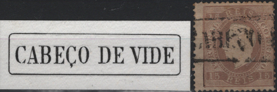 0925.jpg -     Lote:    925            Portugal        Descrição:         1870/76 &mdash; D. Luís I. Fita direita. Mf38, 15 reis castanho, papel liso, denteado 12 Ÿ. Exemplar usado, obliterado com carimbo nominativo, batido a preto "CABEÇO DE VIDE".         O       Valor Base:     &euro; 36,00     Valor Venda:     &euro;      
