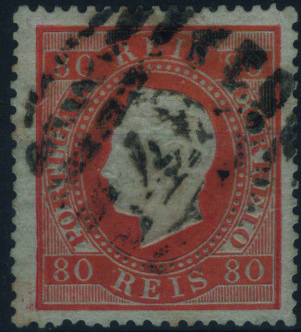 0928.jpg -     Lote:    928            Portugal        Descrição:         1870/76 &mdash; D. Luís I, fita direita. MF42e, 80 reis laranja, papel liso, denteado 14, tipo I. Exemplar usado, assinado a lápis no verso, sem defeitos nem reparações, com boa cor e relevo, obliterado com carimbo numérico da 2.ª reforma "46 &mdash; PORTO". Certificado de peritagem de J. Miranda da Mota. Valor de catálogo &euro; 1.600,00.         O       Valor Base:     &euro; 160,00     Valor Venda:     &euro;      