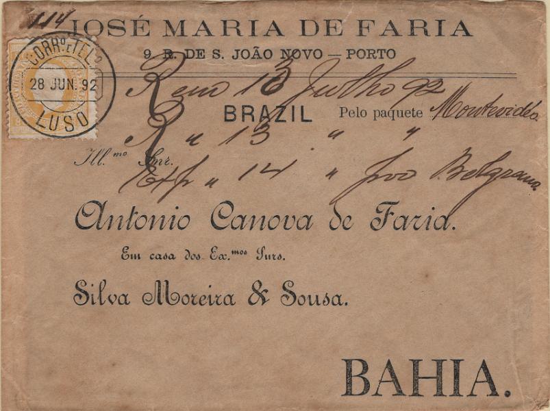 0930.jpg -     Lote:    930            Portugal        Descrição:         1870/76 &mdash; D. Luís I. Fita direita. Mf43i, 80 reis amarelo laranja, papel porcelana, denteado 12 Ÿ, em sobrescrito circulado do Luso (28.06.92) para a Baía / Brasil (13.07.92). B.         Carta       Valor Base:     &euro; 25,00     Valor Venda:     &euro;      