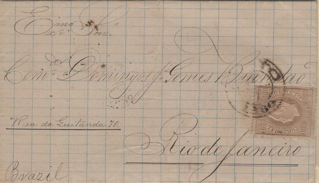 0932.jpg -     Lote:    932            Portugal        Descrição:         1870/76 &mdash; D. Luís I. Fita direita. MF43, 100 reis, denteado 12 Ÿ, papel liso, em carta circulada do Porto para o Rio de Janeiro (23.01.80) com trânsito por Lisboa (03.01.80). Denteado do bordo direito cortado à tesoura. Valor de catálogo &euro; 160,00.         Carta       Valor Base:     &euro; 25,00     Valor Venda:     &euro;      