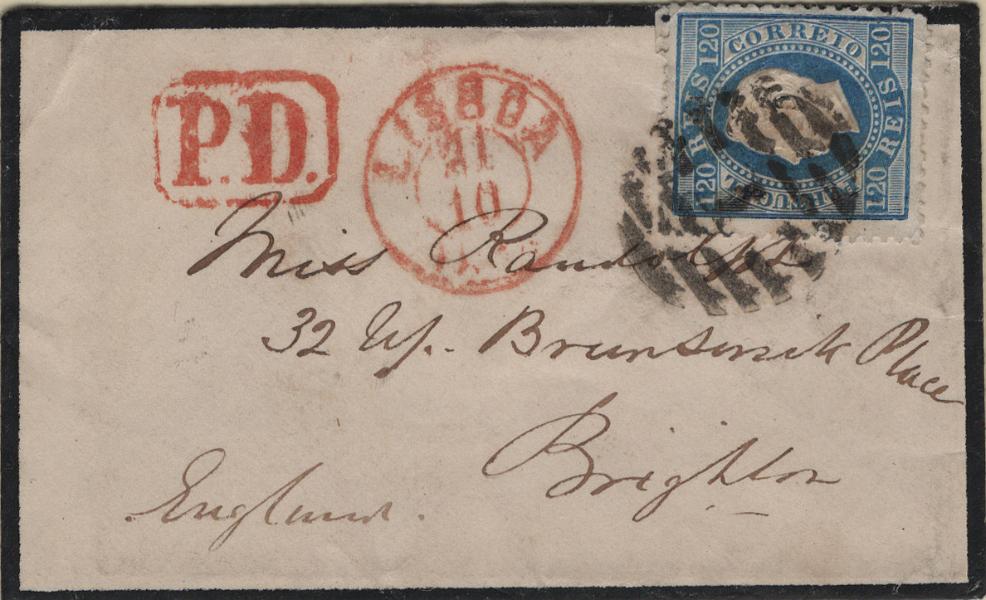 0936.jpg -     Lote:    936            Portugal        Descrição:         1870/76 &mdash; D. Luís I. Fita direita. MF44, 120 reis azul, denteado 12 Ÿ, papel liso em pequeno sobrescrito circulado de Lisboa (21.10.74) para Brighton (28.10.74).         Carta       Valor Base:     &euro; 40,00     Valor Venda:     &euro;      