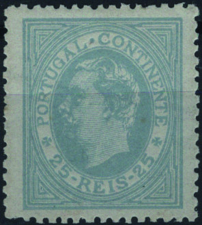 0938.jpg -     Lote:    938            Portugal        Descrição:         1880/81 &mdash; D. Luís I, de perfil. Mf53, 25 reis azul cinzento, denteado 12 Ÿ, papel liso. Exemplar com goma original, sem sinal de charneira, sem reparações, com um dente mais curto. Valor de catálogo &euro; 1.180,00.         ***       Valor Base:     &euro; 160,00     Valor Venda:     &euro;      