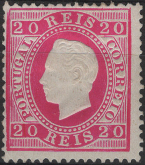 0944.jpg -     Lote:    944            Portugal        Descrição:         1884 &mdash; D. Luís. Fita direita. Nova cor. Mf66, 20 reis carmim, papel porcelana, denteado 13 &frac12;, cunho VII. Exemplar com goma original sem defeitos nem reparações. Valor de catálogo &euro; 630.00.         **       Valor Base:     &euro; 90,00     Valor Venda:     &euro;      