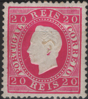 0945.jpg -     Lote:    945            Portugal        Descrição:         1884 &mdash; D. Luís. Fita direita. Nova cor. Mf66, 20 reis carmim, papel porcelana, denteado 12 Ÿ, cunho VII. Exemplar com goma original sem defeitos nem reparações. Valor de catálogo &euro; 600.00.         **       Valor Base:     &euro; 90,00     Valor Venda:     &euro;      