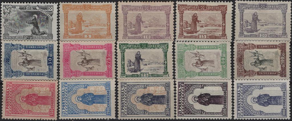0955.jpg -     Lote:    955            Portugal        Descrição:         1895 &mdash; 7.º Centenário do Nascimento de S. António. Mf 111/125. Série completa com goma não original, sem defeitos nem reparações. Valor de catálogo &euro; 2.700,00.         (*)       Valor Base:     &euro; 300,00     Valor Venda:     &euro;      