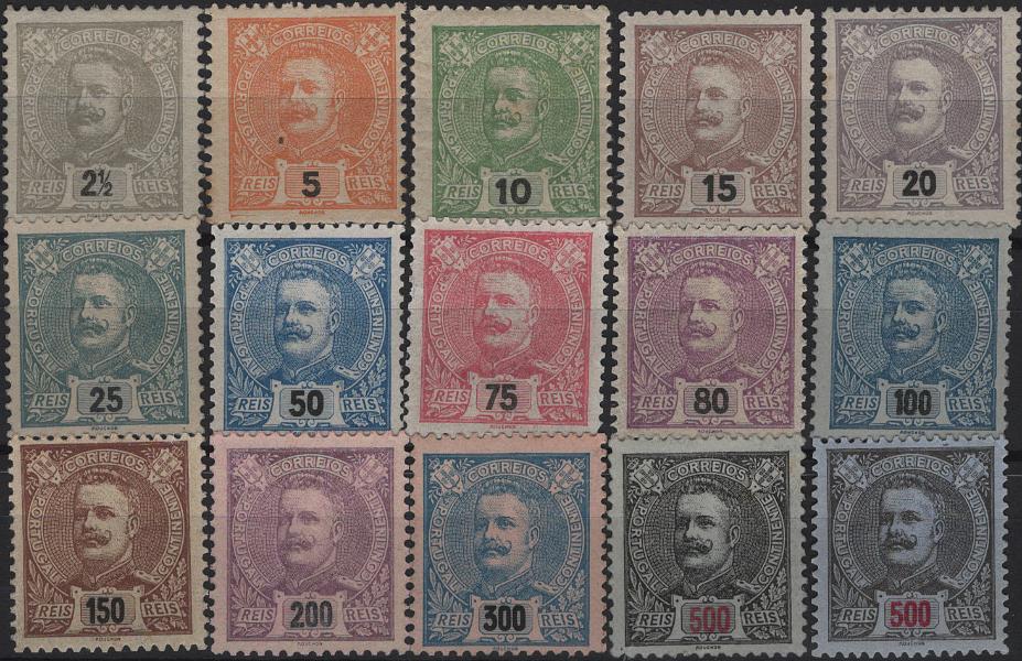 0959.jpg -     Lote:    959            Portugal        Descrição:         1895/96 &mdash; D. Carlos I Mouchon. MF 126/139 + Mf139a. Série completa incluído 500 reis em denteado 12 Ÿ, com goma não original, sem defeitos nem reparações. Valor de catálogo &euro; 525,00.         (*)       Valor Base:     &euro; 45,00     Valor Venda:     &euro;      