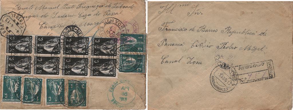 0967.jpg -     Lote:    967            Portugal        Descrição:         1912 &mdash; Ceres. Sobrescrito circulado registado de Marco de Canavezes (03.04.13) para o Panamá (26.04.13), com trânsito por Lisboa (04.04.13) e Nova York (19.04.13) com bloco de 8 selos de &frac12; c preto, Mf206 e 6 selos de 1c verde, Mf208, todos em papel porcelana, denteado 15x14, no total de 10c para pagar o porte simples para cartas remetidas para o estrangeiro com o peso até 20g e 5c pelo prémio de registo.         Carta       Valor Base:     &euro; 50,00     Valor Venda:     &euro;      