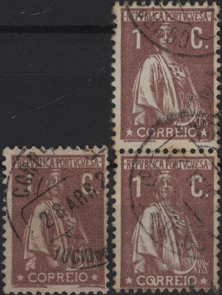 0971.jpg -     Lote:    971            Portugal        Descrição:         1917/20 &mdash; Ceres. Novas taxas e cores. Lote com um selo isolado Mf221d, 1c castanho denteado 12x11 &frac12;, com variedade de cliché "COPREIO" + Mf221j, 1c castanho, papel carolina, denteado 12x11 &frac12; (par) com variedade de cliché "CQRREIO". Valor de catálogo &euro; 225,00.         O       Valor Base:     &euro; 40,00     Valor Venda:     &euro;      