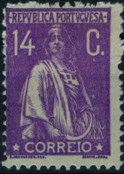 0974.jpg -     Lote:    974            Portugal        Descrição:         1920/22 &mdash; Ceres. Novas taxas e cores. Mf239a, 14c violeta, papel cartolina (105-111mc). Exemplar novo com goma original e charneira, sem reparações, com um canto curto e com boa cor. Certificado de peritagem de J. Miranda da Mota. Valor de catálogo &euro; 320,00.         **       Valor Base:     &euro; 60,00     Valor Venda:     &euro;      