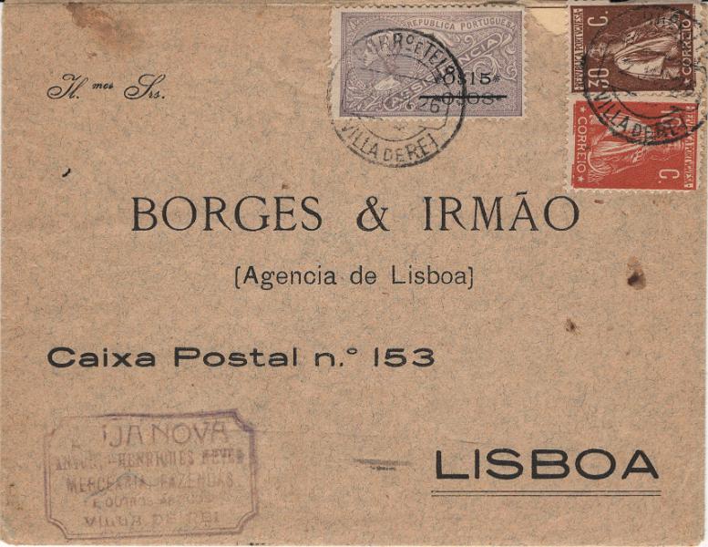 0980.jpg -     Lote:    980            Portugal        Descrição:         1912/26 &mdash; Ceres. Sobrescrito circulado de Vila do Rei (02.06.26) para Lisboa, com selos de 10c tijolo, denteado 12x11 &frac12;, Mf215g e 30 c canela Mf281. Por falta de selos do imposto postal da "ASSISTÊNCIA" foi utilizada estampilha fiscal da Assistência de 15c s/ 0$08, PB50. Exemplar sem defeitos nem reparações. MR.         Carta       Valor Base:     &euro; 60,00     Valor Venda:     &euro;      