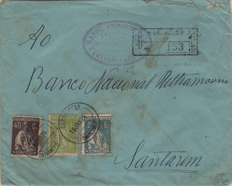 0982.jpg -     Lote:    982            Portugal        Descrição:         1920/26 &mdash; Ceres. Novas taxas e cores. Sobrescrito circulado registado do Entroncamento (16.01.25) para Santarém com selo de 1$20, verde amarelo, Mf250 + 40c chocolates, Mf283 e 2E verde cinzento, Mf292.         Carta       Valor Base:     &euro; 25,00     Valor Venda:     &euro;      