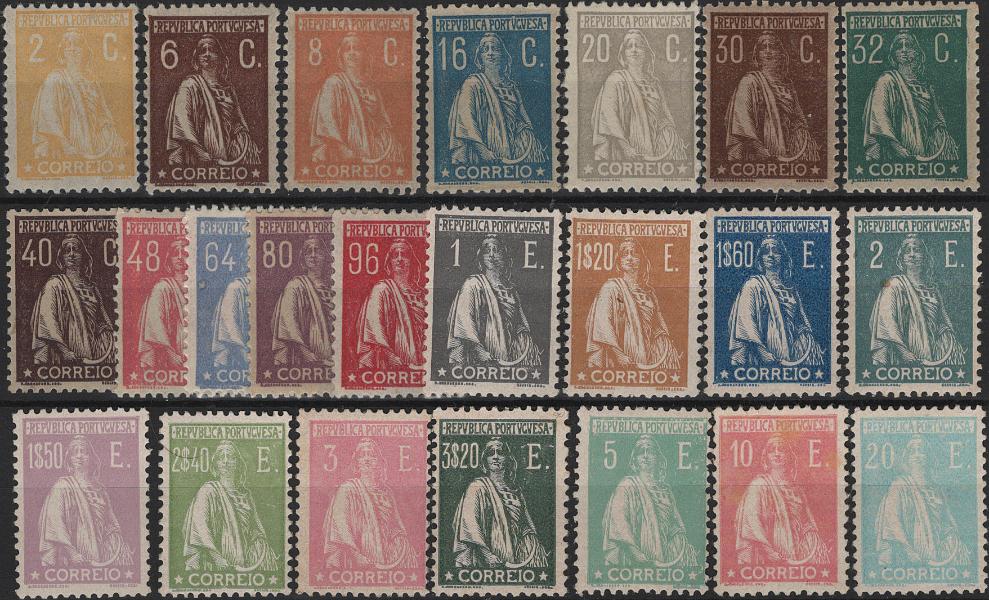 0986.jpg -     Lote:    986            Portugal        Descrição:         1924/26 &mdash; Ceres. Nas taxas e cores. Mf 276/298. Série completa com goma original e sinal de charneira. Selos de 2$40 e 3E com goma não original. Lote a ver. Valor de catálogo &euro; 2.200,00.         **/(*)       Valor Base:     &euro; 200,00     Valor Venda:     &euro;      