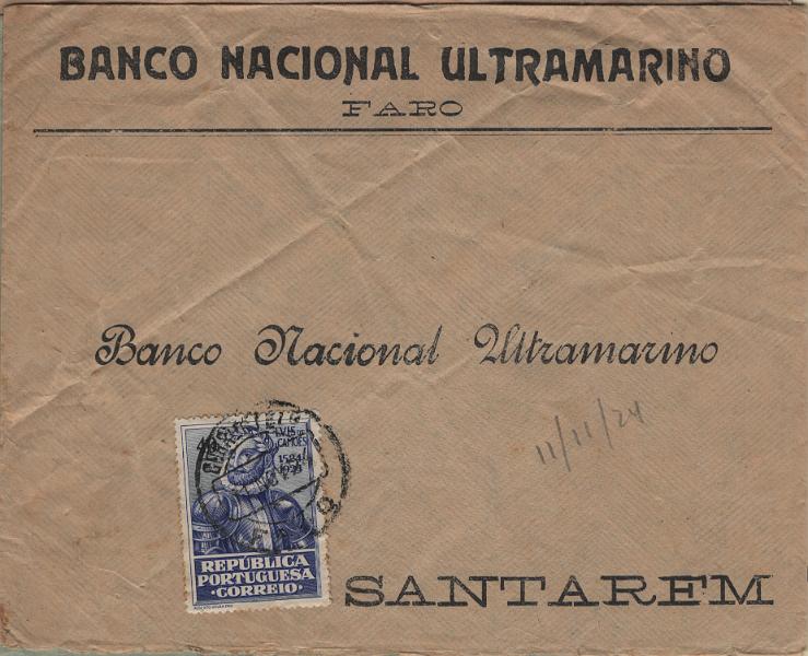 0987.jpg -     Lote:    987            Portugal        Descrição:         1924 &mdash; 4.º Centenário da Nascimento de Luís de Camões. Mf312, ultramar. Lote com 4 cartas todas circuladas para Santarém e remetidas de Faro (11.11.24 -1.º dia de circulação) + Viseu (12.11.24), Figueira da Foz (12.11.24) e Mação (16.11.24 &mdash; fora do período de circulação).         Carta       Valor Base:     &euro; 20,00     Valor Venda:     &euro;      