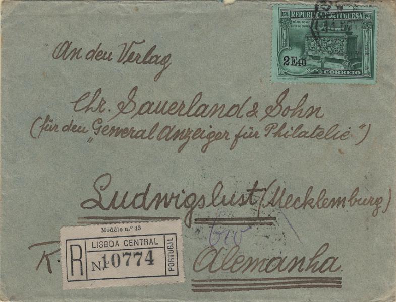 0988.jpg -     Lote:    988            Portugal        Descrição:         1924 &mdash; 4.º Centenário do Nascimento de Luís de Camões. MF324, 2$40, verde em sobrescrito circulado registado de Lisboa (11.11.24) para a Alemanha (15.11.24). Exemplar sem defeito nem reparações. B e R.         Carta       Valor Base:     &euro; 75,00     Valor Venda:     &euro;      