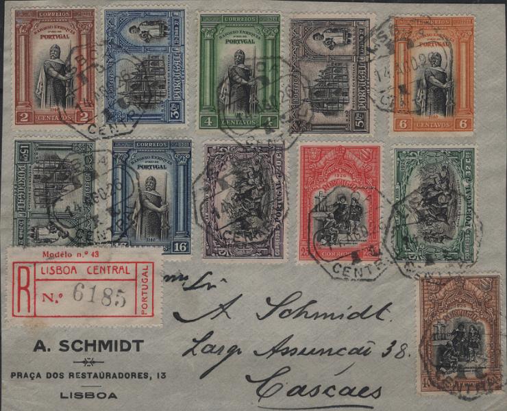 0992.jpg -     Lote:    992            Portugal        Descrição:         1926 &mdash; Independência de Portugal * 1.ª emissão. Frente de sobrescrito circulado registado de Lisboa (14.08.26) para Cascais, com selos de 2c, 3c, 4c, 5c, 6c, 15c, 16c, 20c, 25c, 32c e 40c, Mf 361/371.         FRG       Valor Base:     &euro; 40,00     Valor Venda:     &euro;      