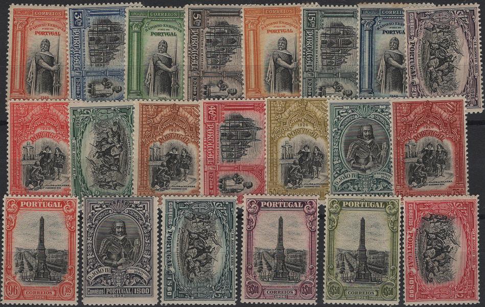 0993.jpg -     Lote:    993            Portugal        Descrição:         1926 &mdash; Independência de Portugal * 1.ª emissão. Mf361/381. Série completa. Exemplares novos com goma original e leve charneira. Valor de catálogo &euro; 290,00.         **       Valor Base:     &euro; 30,00     Valor Venda:     &euro;      