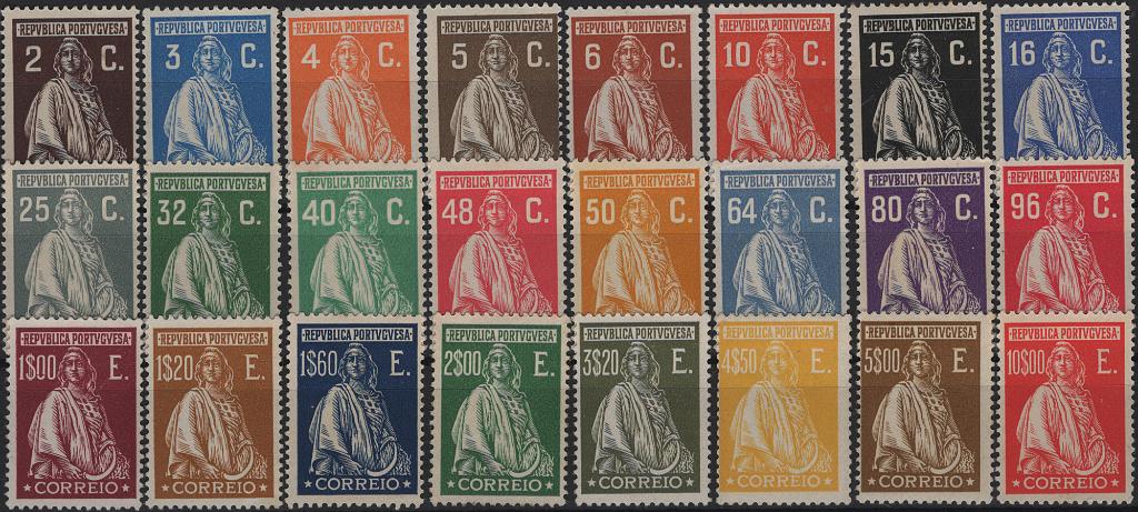 0995.jpg -     Lote:    995            Portugal        Descrição:         1926 &mdash; Ceres. Emissão de Londres. Mf 396/419. Série completa. Exemplares novos, com goma original sem sinal de charneira, com exceção selo de 2$00 com ligeira charneira. Valor de catálogo &euro; 600.00.         ***       Valor Base:     &euro; 90,00     Valor Venda:     &euro;      