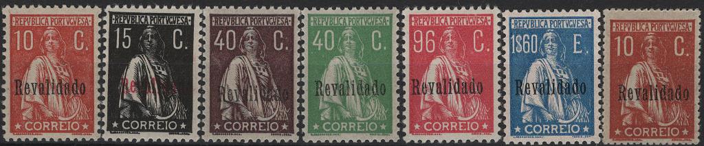1008.jpg -     Lote:    1008            Portugal        Descrição:         1929 &mdash; Ceres, com sobrecarga "Revalidado". Mf488/493. Série completa em denteado 12x11 &frac12;, com goma original, sem sinal de charneira + Mf488f, 1c tijolo em denteado 15x14, com goma original e sinal de charneira. Valor de catálogo &euro; 640,00.         ***/**       Valor Base:     &euro; 75,00     Valor Venda:     &euro;      