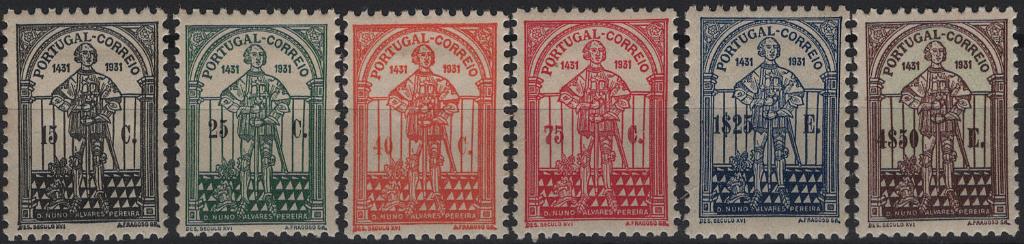 1011.jpg -     Lote:    1011            Portugal        Descrição:         1931 &mdash; 5.º Centenário da Morte de D. Nuno Alvares Pereira. Mf 537/542. Série completa. Selos novos com goma original e charneira, com exceção selo de 4$50 sem sinal de charneira. Valor de catálogo &euro; 553,00.         ***/**       Valor Base:     &euro; 55,00     Valor Venda:     &euro;      