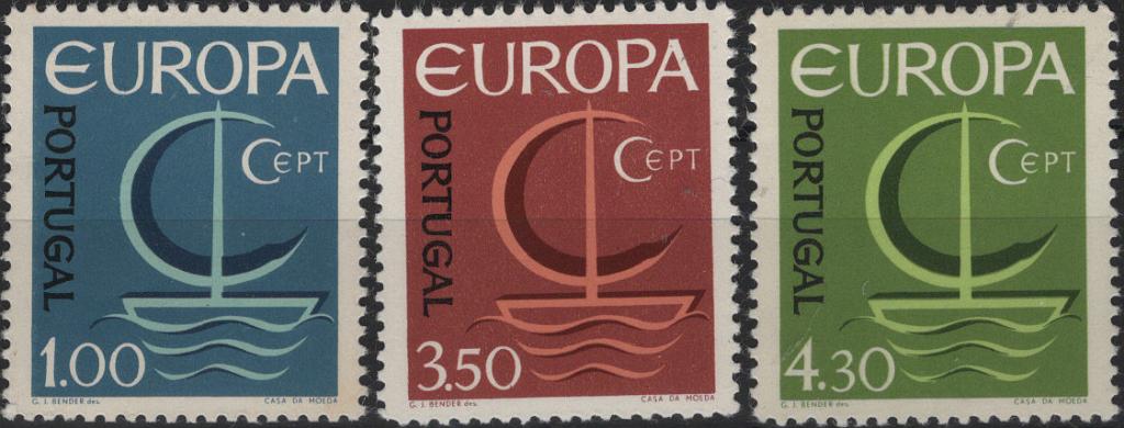 1035.jpg -     Lote:    1035            Portugal        Descrição:         1966 &mdash; Europa CEPT. Mf 983/985. Série completa com os três valores com 18 dentes horizontalmente. Valor de catálogo &euro; 300,00.         ***       Valor Base:     &euro; 75,00     Valor Venda:     &euro;      