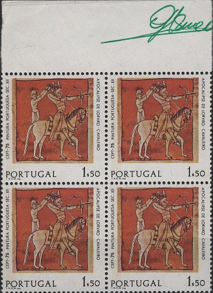 1044.jpg -     Lote:    1044            Portugal        Descrição:         1975 &mdash; Europa CEPT * Pintura. Mf1251b, 1$50. Quadra, bordo superior de folha. Exemplar com goma original, sem defeitos nem reparações, com tarja fosforescente. Valor de catálogo &euro; 560,00.         ***       Valor Base:     &euro; 50,00     Valor Venda:     &euro;      