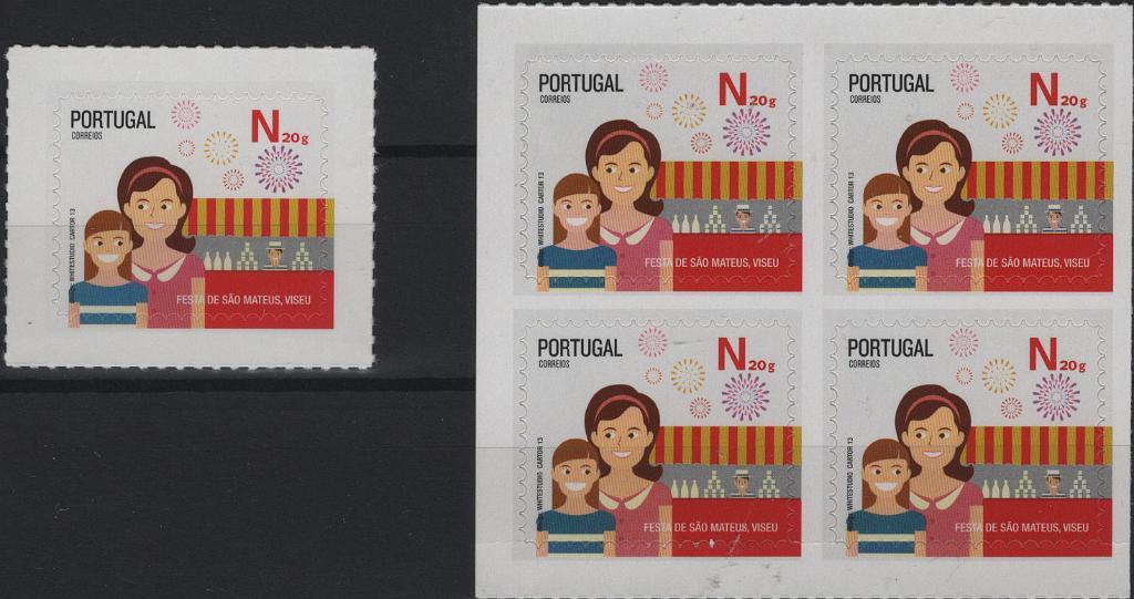 1056.jpg -     Lote:    1056            Portugal        Descrição:         2013 &mdash; Festas Tradicionais Portuguesas (selos AA - 3º Grupo). MF4359, N20g. Variedade apresentando o selo margens maiores, com picotado e o fundo em cinzento claro em vez de cinzento escuro. Este selo provém de uma nova emissão de desdobrável, realizado com o tamanho das emissões de 2014 e seguintes. Acompanha uma quadra do selo da 1ª emissão proveniente de um desdobrável de tamanho pequeno. Variedade não catalogada. Certificado de peritagem de J. Miranda da Mota.         ***       Valor Base:     &euro; 30,00     Valor Venda:     &euro;      