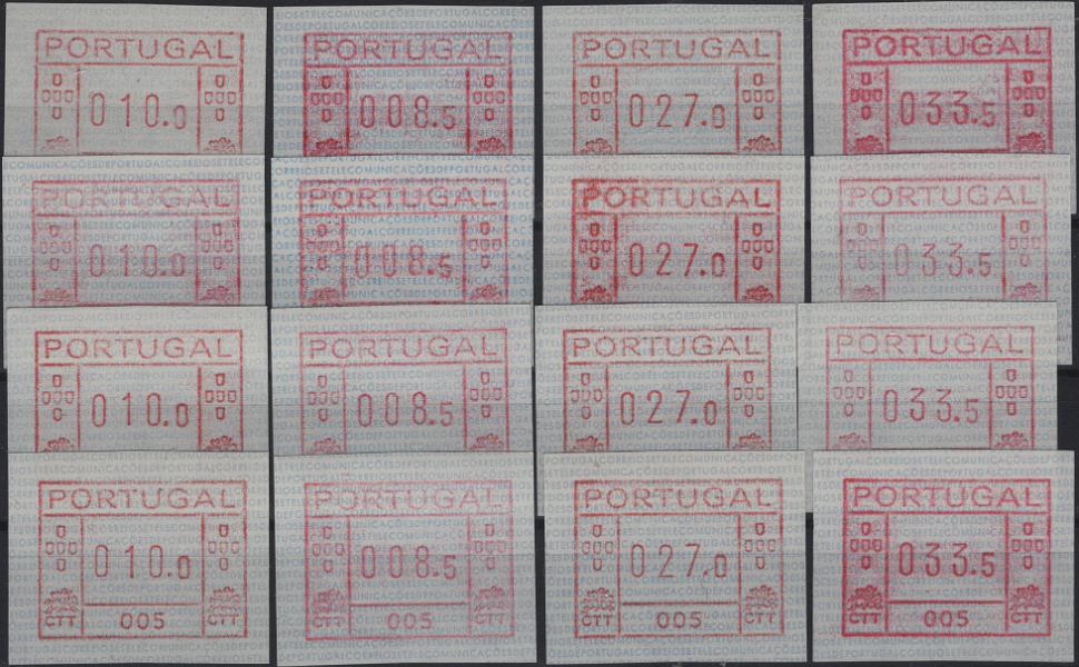 1057.jpg -     Lote:    1057            Portugal        Descrição:         1981 - Correios e Telecomunicações de Portugal. Máquina FRAMA. Mf ETQ1. Lote composto por seis séries completas com os valores de 008.5, 010.0, 027.0 e 033.5, das máquinas n.ºs 001, 002, 003, 005, 006 e 007. Valor de catálogo &euro; 650,00.         ETQ       Valor Base:     &euro; 50,00     Valor Venda:     &euro;      