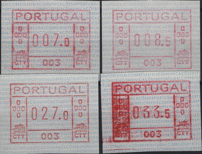 1060.jpg -     Lote:    1060            Portugal        Descrição:         1981 &mdash; Correios e Telecomunicações de Portugal * Máquina FRAMA. MF ETQ1. Série completa (007.0 / 008.5 / 027.0 / 033.5. Máquina 003 * Faro. Valor de catálogo &euro; 260,00.         ETQ***       Valor Base:     &euro; 40,00     Valor Venda:     &euro;      