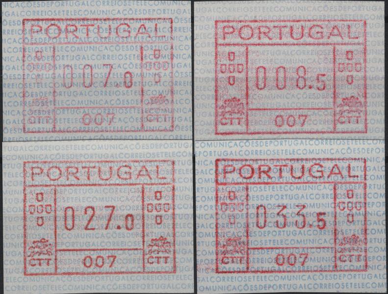1062.jpg -     Lote:    1062            Portugal        Descrição:         1981 &mdash; Correios e Telecomunicações de Portugal * Máquina FRAMA. MF ETQ1. Série completa (007.0 / 008.5 / 027.0 / 033.5. Máquina 003 * Lagos. Valor de catálogo &euro; 260,00.         ETQ***       Valor Base:     &euro; 40,00     Valor Venda:     &euro;      