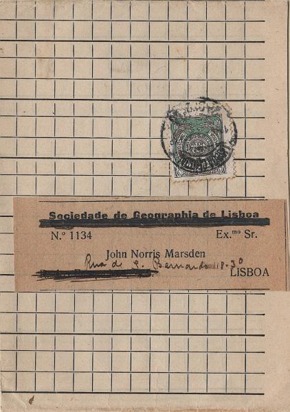 1075.jpg -     Lote:    1075            Portugal        Descrição:         1927 &mdash; Porte Franco. Sociedade de Geografia de Lisboa. Emblema da Sociedade sem Coroa. Mf SGL8 em cinta de jornal, remetido para John Norris Marsden em Lisboa (11.04.28). MR.         CNT       Valor Base:     &euro; 50,00     Valor Venda:     &euro;      