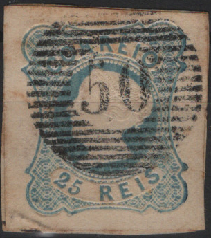 1079.jpg -     Lote:    1079            Açores       Descrição:         Açores &mdash; Percursores * 1853 &mdash; D. Maria II. MF2, 25 reis azul claro, cunho I, sobre fragmento, com margens de luxo, obliterado com carimbo numérico da 1.ª reforma, tipo 20 barras "50 &mdash; PONTA DELGADA". Valor de catálogo &euro; 140,00.         O       Valor Base:     &euro; 25,00     Valor Venda:     &euro;      