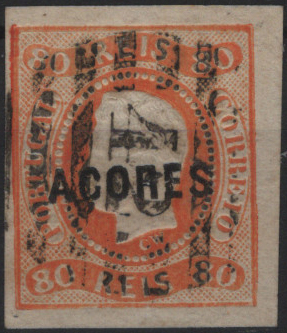 1084.jpg -     Lote:    1084            Açores       Descrição:         1868 &mdash; D. Luís. Fita curva, não denteados. Selos do Continente com sobrecarga AÇORES, tipo A. Mf5, 80 reis laranja. Selo com boas margens, sem defeitos ou reparações, obliterado com carimbo da 8.ª reforma 42 &mdash; ANGRA. Valor de catálogo &euro; 240,00. Ex-Hernâni Viegas         O       Valor Base:     &euro; 25,00     Valor Venda:     &euro;      