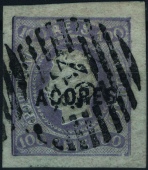 1085.jpg -     Lote:    1085            Açores       Descrição:         1868 &mdash; D. Luís I, fita curva, não denteados. Selos do Continente com sobrecarga AÇORES. Mf6, 100 reis lilás malva, com margens de luxo. Exemplar usado sem defeitos nem reparações. Valor de catálogo &euro; 240,00.         O       Valor Base:     &euro; 25,00     Valor Venda:     &euro;      