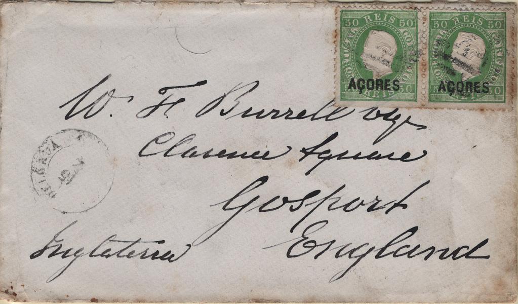 1090.jpg -     Lote:    1090            Açores       Descrição:         1871/76 &mdash; D. Luís I, fita direita. Selos do Continente com sobrecarga AÇORES, tipo C. Mf20, 50 reis verde amarelo, denteado 13 &frac12;. Par horizontal em sobrescrito circulado de Ponta Delgada (15.04.77) para a Inglaterra (15.04.77) com trânsito por Lisboa /20.04.77). Denteado inferior do 1.º selo cortado à tesoura.         Carta       Valor Base:     &euro; 100,00     Valor Venda:     &euro;      