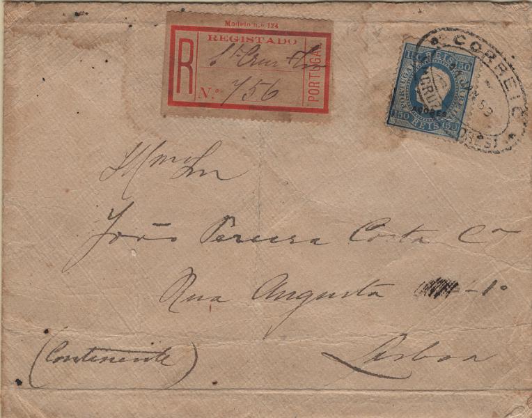1100.jpg -     Lote:    1100            Açores       Descrição:         1882/84 &mdash; D. Luís I, fita direita. Selos do Continente com sobrecarga AÇORES tipo D. Mf43, 150 reis, papel liso, denteado 12 Ÿ, em sobrescrito circulado registado de Santa Cruz (11.01.83) para Lisboa (21.01.83), obliterado com carimbo de dupla oval "CORREIO / STA CRUZ (FLORES)". Exemplar muito raro. Valor de catálogo do selo em usado &euro; 1.000,00.         Carta       Valor Base:     &euro; 300,00     Valor Venda:     &euro;      