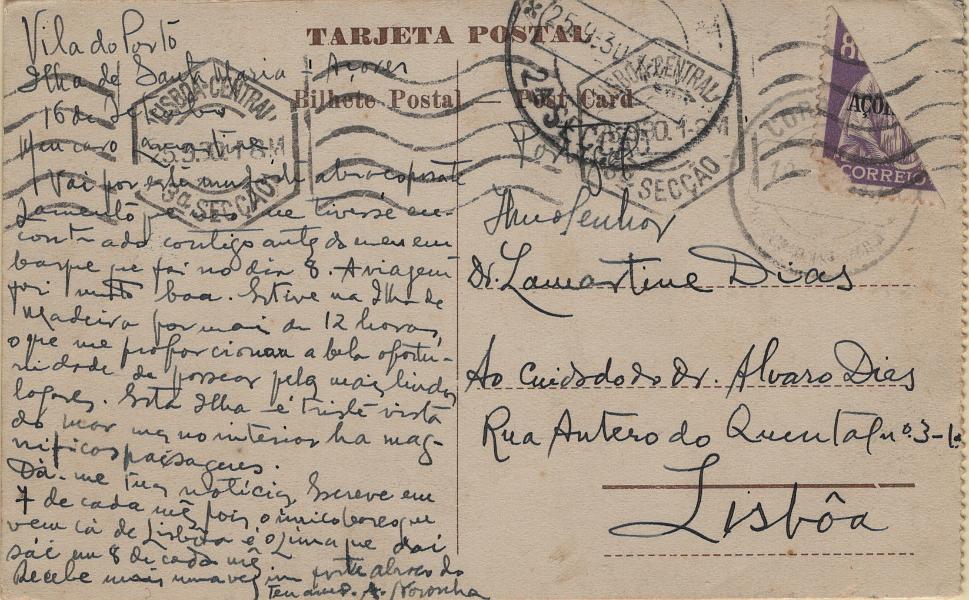 1113.jpg -     Lote:    1113            Açores       Descrição:         1929/30 &mdash; Ceres. Selos co Continente com sobrecarga AÇORES. Mf 294, 80c violeta escuro. Selo bipartido em postal ilustrado circulado de Vila do Porto (19.09.30) para Lisboa (25.09.30). Selo com pequeno defeito num canto. Carimbo batido a preto "V.ª DO PORTO (STª MARIA)". MR.         PI       Valor Base:     &euro; 20,00     Valor Venda:     &euro;      