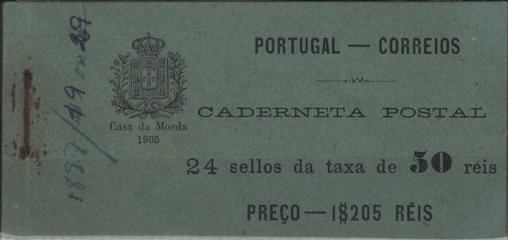 1119.jpg -     Lote:    1119            Ponta Delgada       Descrição:         1897 &mdash; D. Carlos I Mouchon. MF19. Caderneta postal de 1905, medindo (102x48mm) com selos de Ponta Delgada de 50 reis, azul, papel liso, denteado 11 Ÿ x 12. Caderneta autêntica, completa, com 24 selos (4 blocos de 2x3), sem reparações, com algumas manchas e com parte da goma original, com boa cor. NÃO CATALOGADA. Certificado de Peritagem de J. Miranda da Mota.         CRT       Valor Base:     &euro; 200,00     Valor Venda:     &euro;      