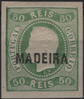 1122.jpg -     Lote:    1122            Madeira       Descrição:         1868 &mdash; D. Luís I. Fiat curva, não denteados. Selos do Continente com sobrecarga MADEIRA, tipo A, a preto. CE2, 50 reis verde, com goma original e charneira, com boas margens, sem defeitos nem reparações e excelente cor e relevo. Valor de catálogo &euro; 380.00. Ex-Hernâni Viegas         **       Valor Base:     &euro; 45,00     Valor Venda:     &euro;      