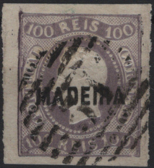 1124.jpg -     Lote:    1124            Madeira       Descrição:         1868 &mdash; D. Luís I. Fiat curva, não denteados. Selos do Continente com sobrecarga MADEIRA, tipo A, a preto. CE4, 100 reis lilás malva, cunho Ia, usado, com boas margens, sem defeitos nem reparações e excelente cor e relevo. Valor de catálogo &euro; 255.00. Ex-Hernâni Viegas         O       Valor Base:     &euro; 25,00     Valor Venda:     &euro;      