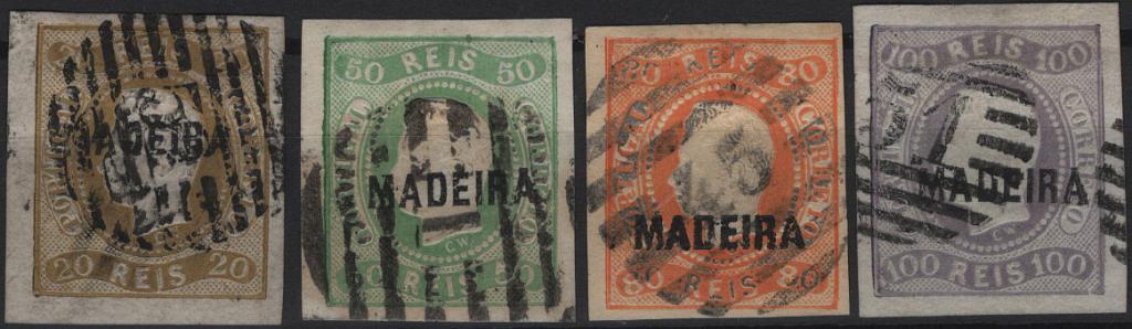1125.jpg -     Lote:    1125            Madeira       Descrição:         1868 &mdash; D. Luís I, fita curva, não denteados. Selos do Continente com sobrecarga MADEIRA. Mf &frac14;. Série completa em estado de usados, na generalidade com margens largas, sem defeitos nem reparações. Valor de catálogo &euro; 1.010,00.         O       Valor Base:     &euro; 100,00     Valor Venda:     &euro;      