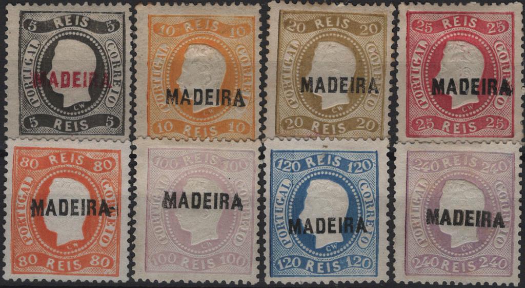1127.jpg -     Lote:    1127            Madeira       Descrição:         1868/70 &mdash; D. Luís I, fita curva, denteados. Selos do Continente com sobrecarga MADEIRA Mf 5/8 e 10/13. Série incompleta, faltando apenas o selo de 50 reis. Exemplares com goma original e charneira e valores mais altos sem goma. Cotados como sem goma. Valor de catálogo &euro; 2075,00.          **/*       Valor Base:     &euro; 175,00     Valor Venda:     &euro;      