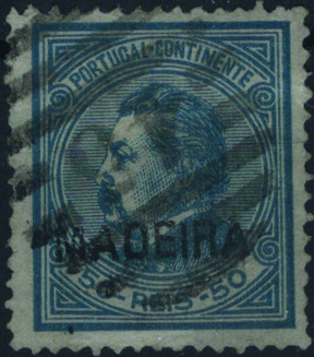 1134.jpg -     Lote:    1134            Madeira       Descrição:         1880 &mdash; D. Luís I. De perfil. Selos do Continente com sobrecarga MADEIRA, tipo B a preto. Selo de 50 reis, papel liso fino, denteado 12 &frac12;, não catalogado e tido como não emitido, obliterado com carimbo numérico da 2.ª reforma "45 &mdash; FUNCHAL". Certificado de peritagem de Leilões P. Dias, Lda. B e MR.         O       Valor Base:     &euro; 75,00     Valor Venda:     &euro;      