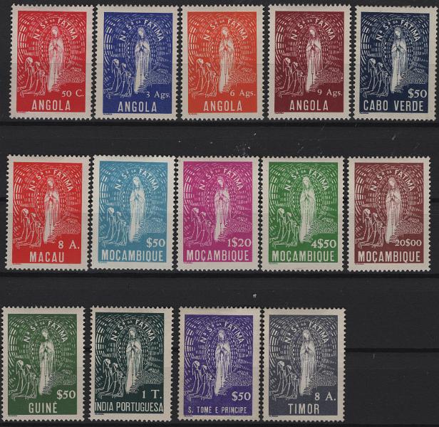 1135.jpg -     Lote:    1135            Ultramar       Descrição:         1948 &mdash; Nossa Senhora de Fátima. Emissões gerais. Série completa para todas as colónias, composta por 14 valores, com goma original e sinal de charneira. Valor de catálogo &euro; 320,00.         **       Valor Base:     &euro; 60,00     Valor Venda:     &euro;      