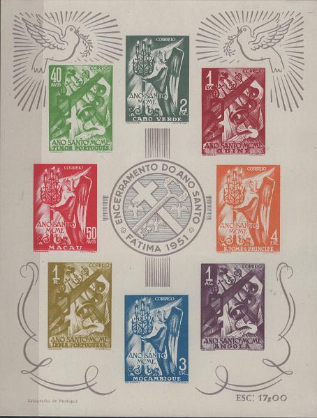 1141.jpg -     Lote:    1141            Ultramar       Descrição:         1951 &mdash; Encerramento do Ano Santo. Mf BLC2. Exemplar com goma original sem charneira. Valor de catálogo &euro; 120,00.         BLC***       Valor Base:     &euro; 25,00     Valor Venda:     &euro;      