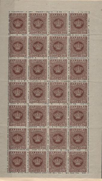 1146.jpg -     Lote:    1146            Angola       Descrição:         1870/77 &mdash; Coroa. MF9, 300 reis castanho-vermelho, denteado 12 &frac12;, papel liso fino. Folha completa com 28 selos e filigrana "B.F.K. RIVES". Valor de catálogo &euro; 1.008,00.         *       Valor Base:     &euro; 50,00     Valor Venda:     &euro;      