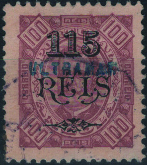 1176.jpg -     Lote:    1176            Angola       Descrição:         1902 &mdash; D. Carlos I, tipo Diogo Neto, com sobretaxa. MF67a, 115 s/ 100 reis, papel porcelana, denteado 11 Ÿ x 12. Selo com sobrecarga a azul "ULTRAMAR". Selo obliterado provavelmente por obliteração de cortesia. MB e MR. Valor de catálogo &euro; 380,00.         O       Valor Base:     &euro; 60,00     Valor Venda:     &euro;      