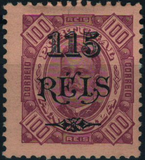 1177.jpg -     Lote:    1177            Angola       Descrição:         1902 &mdash; D. Carlos I. MF67a, 115 s/ 100 reis, castanho s/ castanho claro, denteado 11 Ÿ x 12, papel porcelana. Exemplar com goma original e sinal de charneira, com excelente cor, sem reparações nem defeitos assinaláveis. MB e MR. Valor de catálogo &euro; 550,00.         **       Valor Base:     &euro; 110,00     Valor Venda:     &euro;      